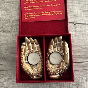 Jnana Mudra Gold Candle Holder with Tealight Candles and Decorative Box